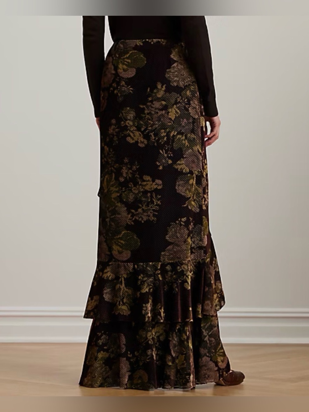Lauren Ralph Lauren Floral Burnout Velvet Tiered Maxi Skirt Brown Sz 10 NWT - Picture 4 of 9